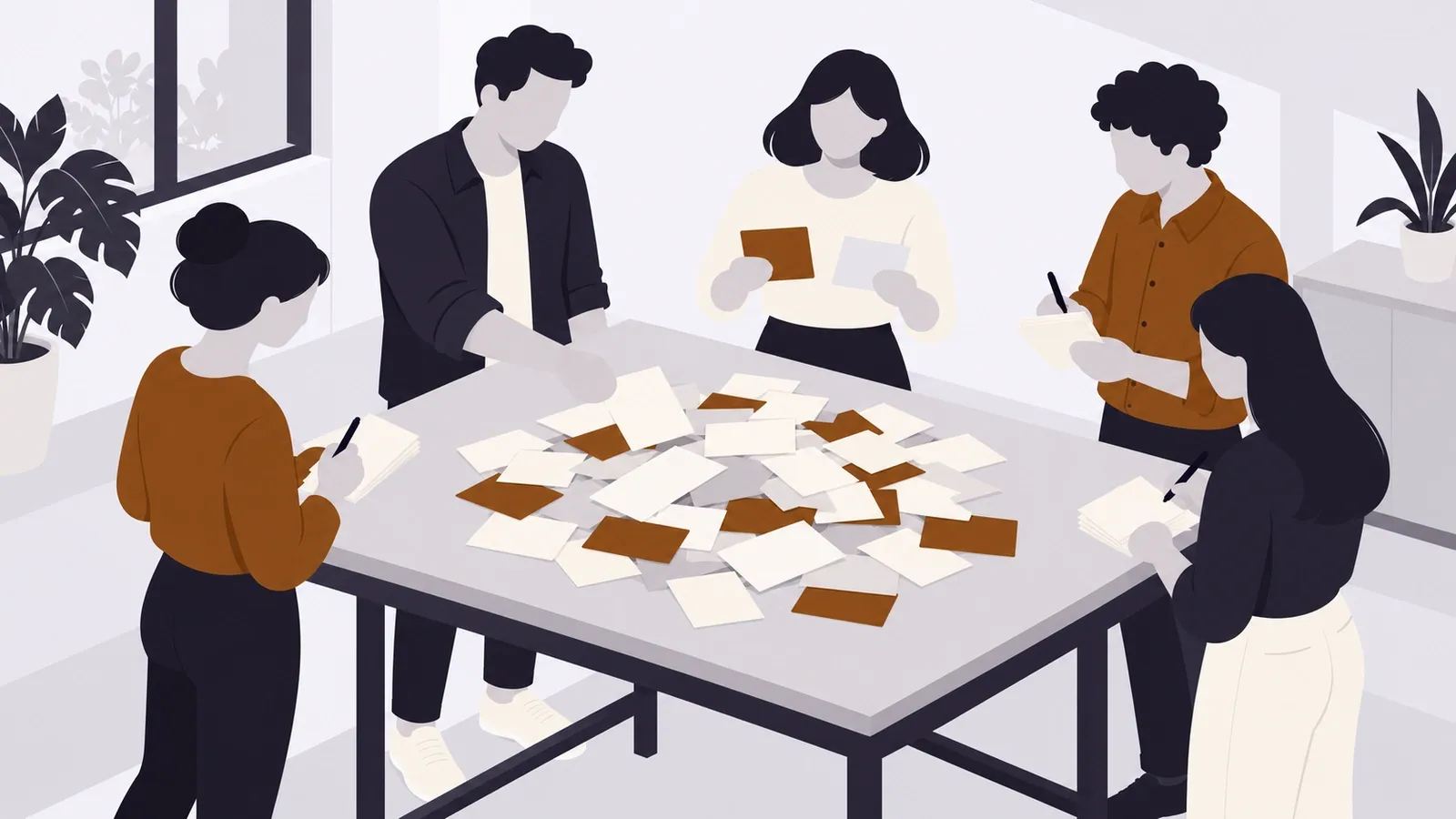 Brainstorming am Tisch: fünf Personen schreiben Karten und legen sie auf einen großen, ungeordneten Haufen
