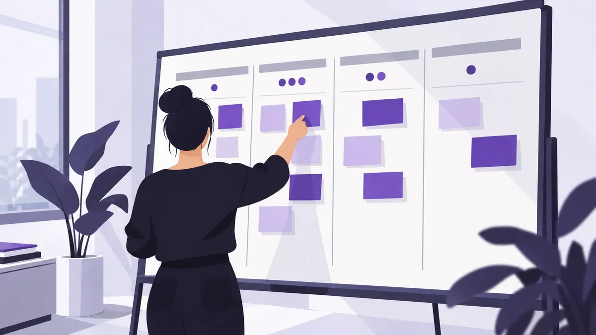 Person zeigt auf eine Karte an einem Kanban-Board mit vier Spalten