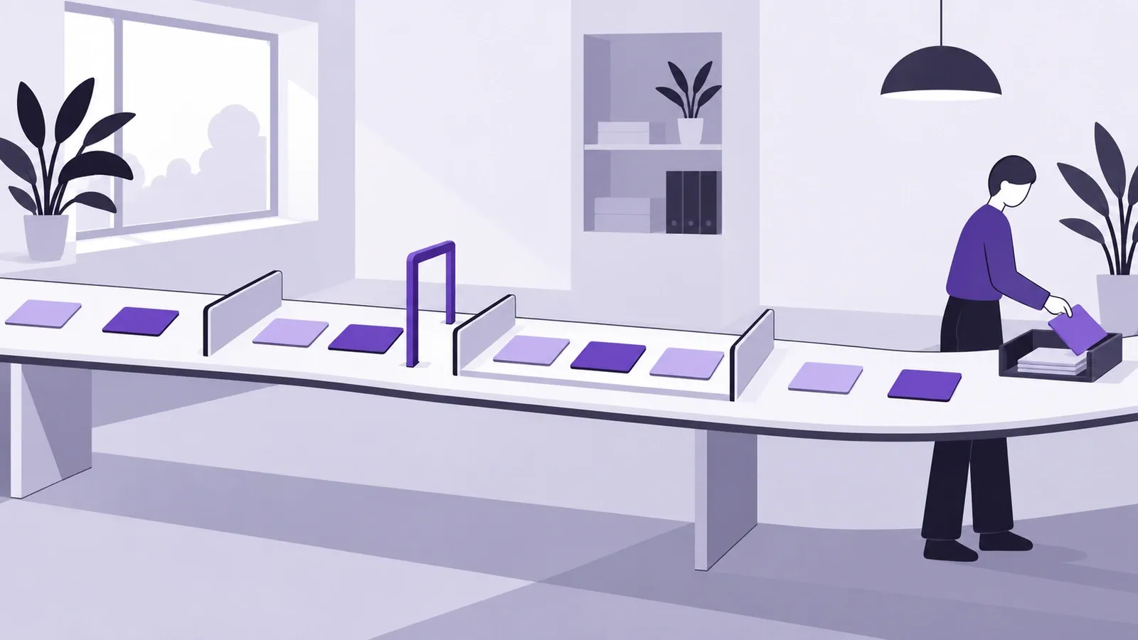 Kanban-Karten auf einem Arbeitsband mit drei Stationen und Ablage