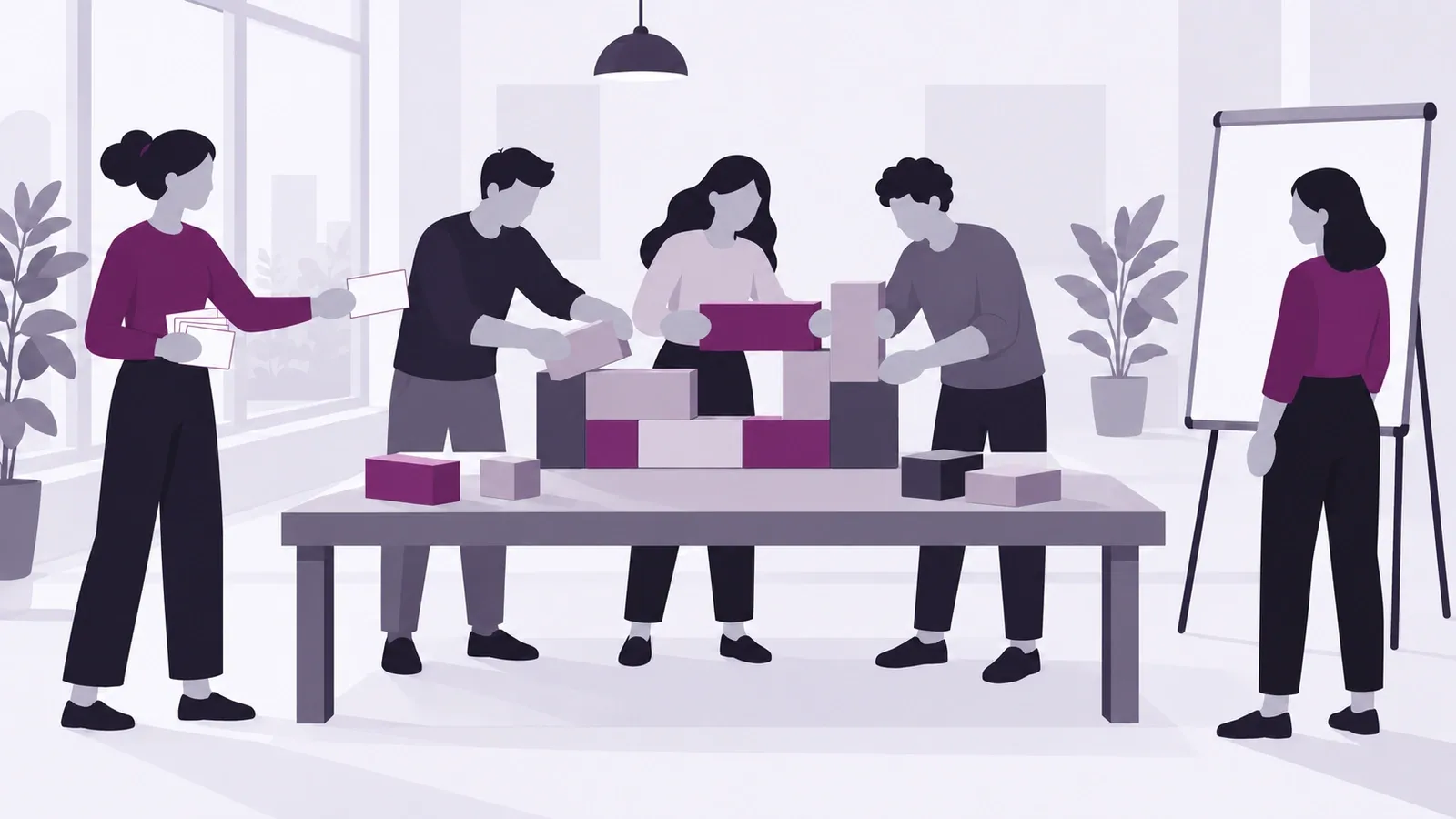 Scrum-Rollen am Werktisch: drei Personen bauen ein Modell, eine reicht Karten, eine steht an der Flipchart