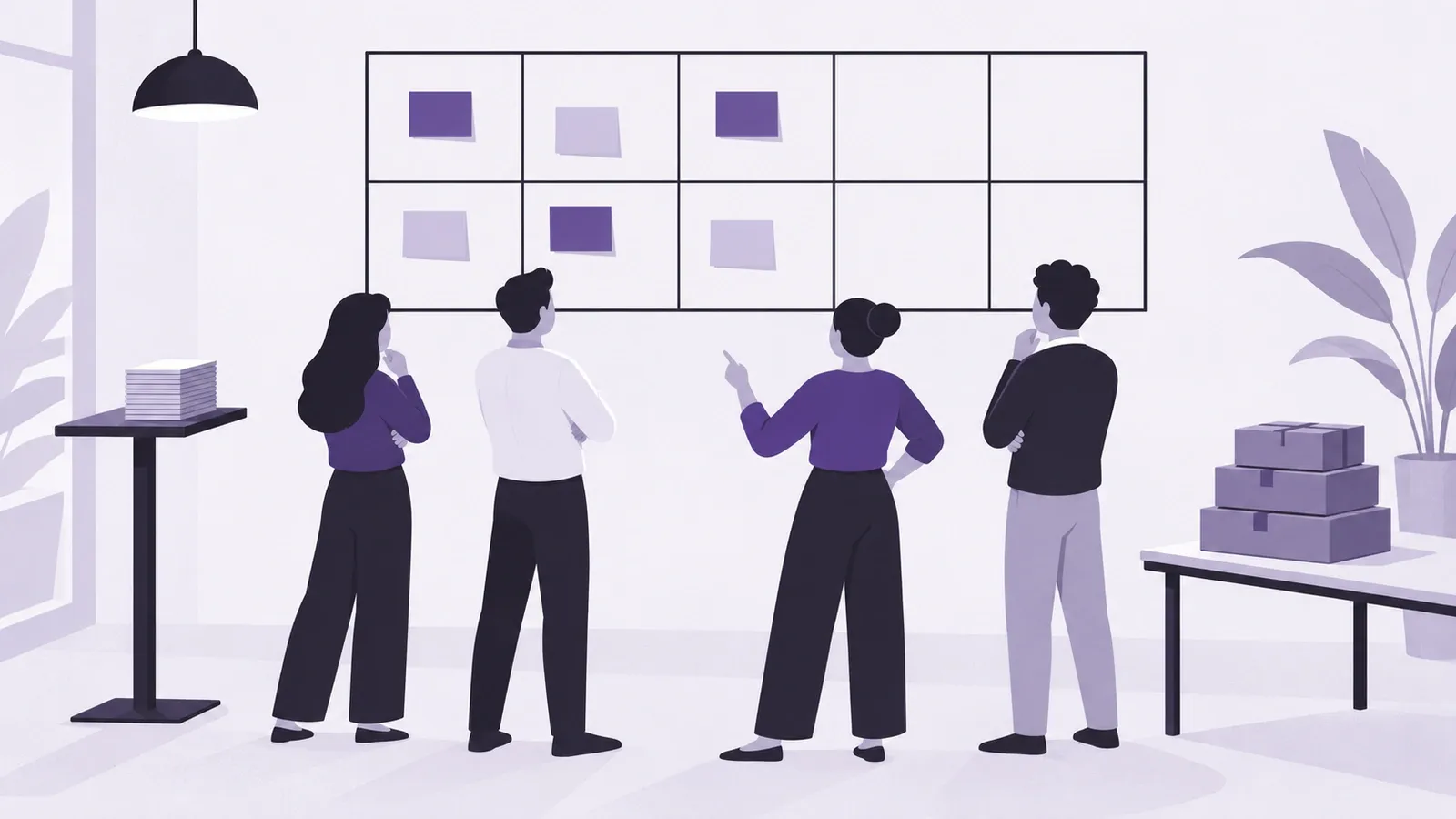 Scrum-Team im kurzen Stehtreffen vor einem Wandkalender mit zwei Wochenreihen