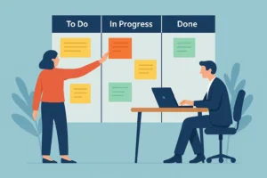 Kanban Board erstellen Grafik. Eine Person sittz am Tisch und eine Person steht an einem Board
