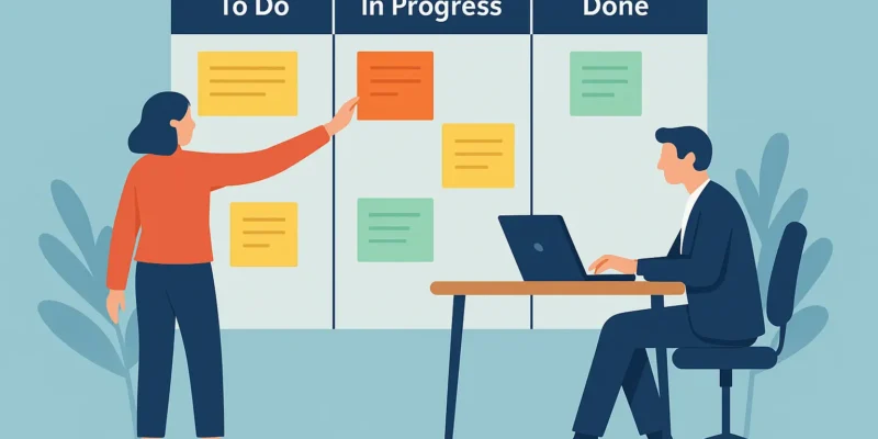 Kanban Board erstellen Grafik. Eine Person sittz am Tisch und eine Person steht an einem Board