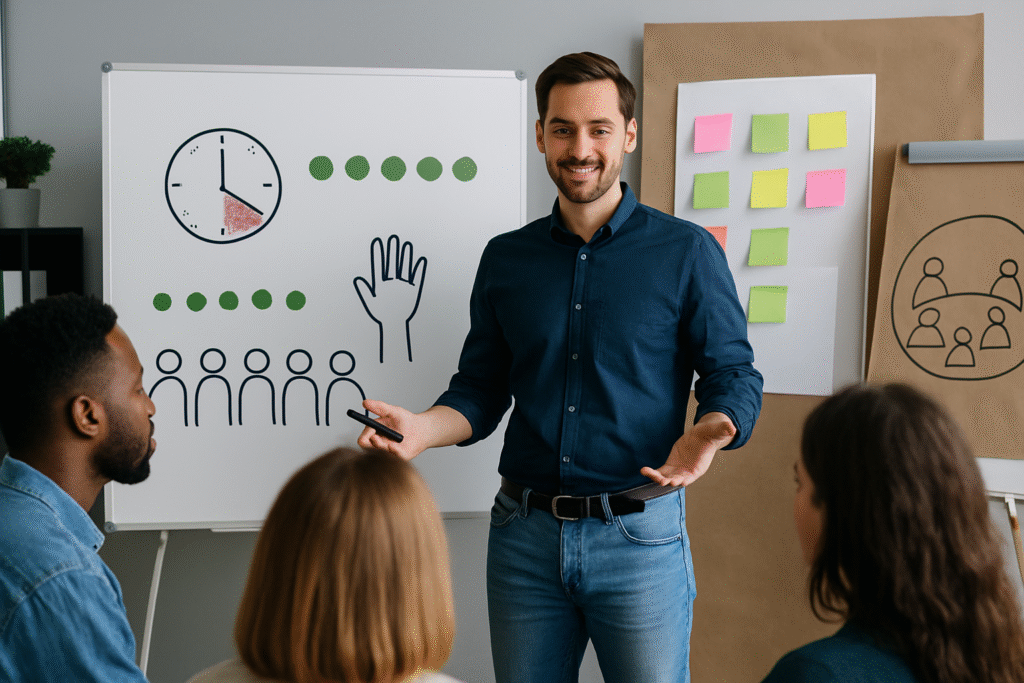 Agile Coach steht vorne und erklärt Teilnehmern anhand eines Flipcharts Moderationstechniken
