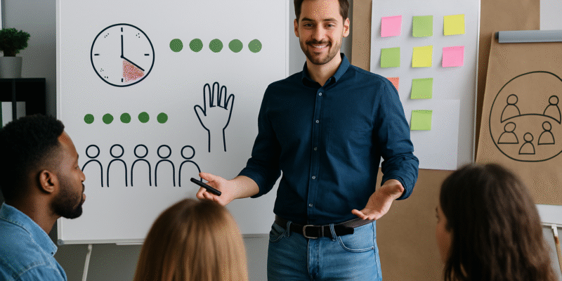 Agile Coach steht vorne und erklärt Teilnehmern anhand eines Flipcharts Moderationstechniken