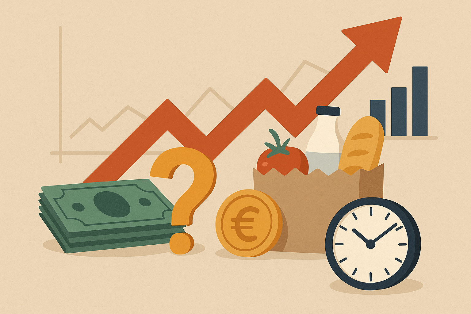Inflation verstehen - Abstrakte Darstellung steigender Preise mit Münzen und Pfeilen FAQ Bereich