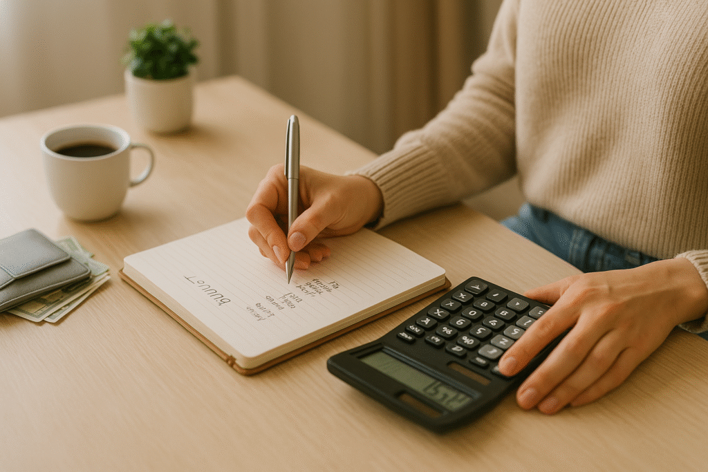 Budgetplanung; Person am Schreibtisch, die mit Notizbuch und Taschenrechner ihre Finanzen plant; gemütliches Zuhause, weiches Tageslicht.