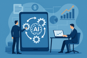 Datensynchronisation: Illustration von zwei Geschäftspersonen, die mithilfe von KI-Technologie Finanzdaten analysieren und synchronisieren; große Tablet-Oberfläche mit Zahnrädern und KI-Symbolen sowie Diagrammen im Hintergrund