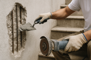 Betonsanierung; Ein Handwerker nimmt Maßnahmen an einem Loch in der wand vor