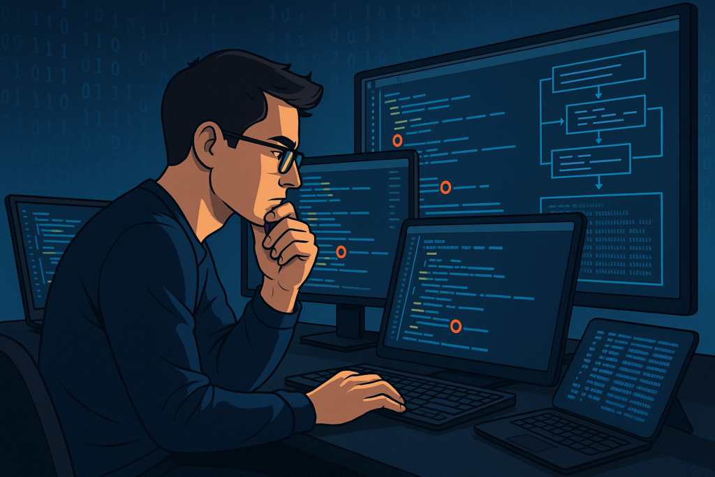 Debugging; ein fiktives Bild mit einem Jungen vor einem Laptop mit Herausforderungen