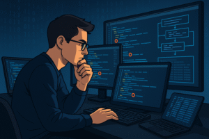 Debugging; ein fiktives Bild mit einem Jungen vor einem Laptop mit Herausforderungen