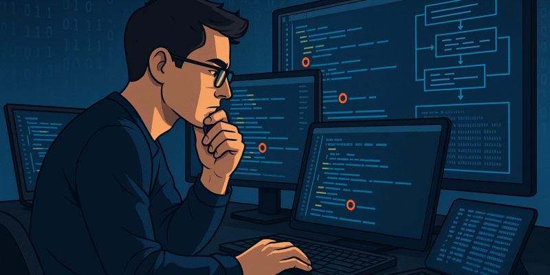 Debugging; ein fiktives Bild mit einem Jungen vor einem Laptop mit Herausforderungen